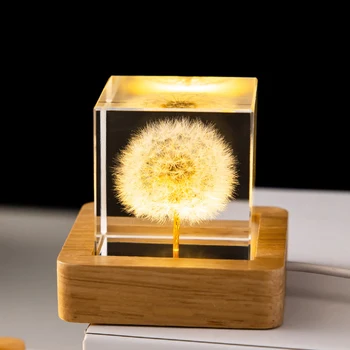 3D Round Ball Night Lamp Flower Crystal Ball Night Light with Wooden Base Office Home Decor Valentine's Day Gift for Men Women 5