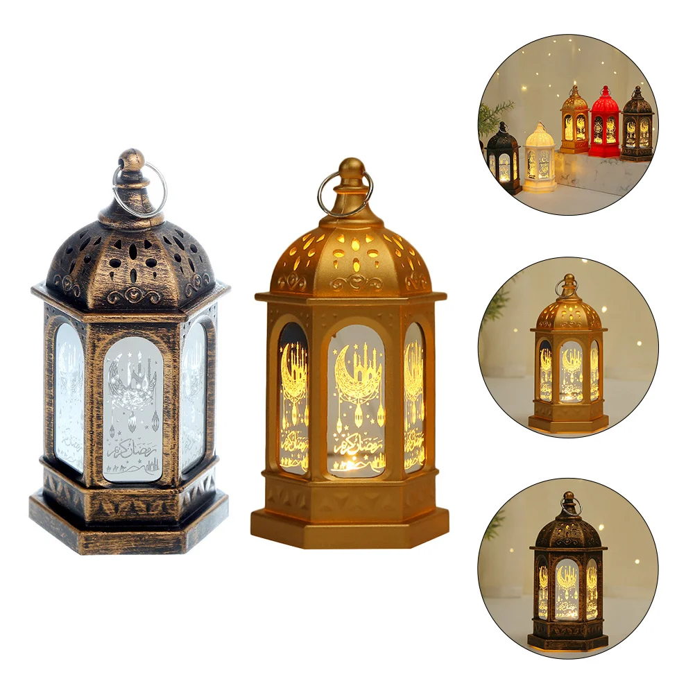 

2pcs Eid Ramadan Mubarak Lantern Outdoor Holder Ramadan Lantern with Led Decorative Vintage Style Hanging Lantern Muslim Eid