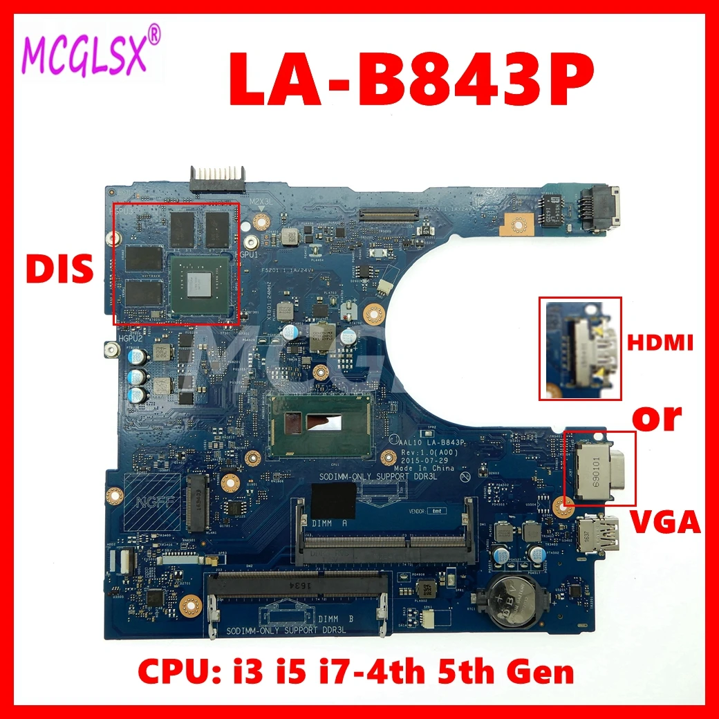 Placa-mãe Portátil para Dell Inspiron La-b843p Mainboard 3458 3558 5458 5558 5758 Cpu i3 i5 I74th 5ª Geração Cpu Gt820m Gt920m Gpu