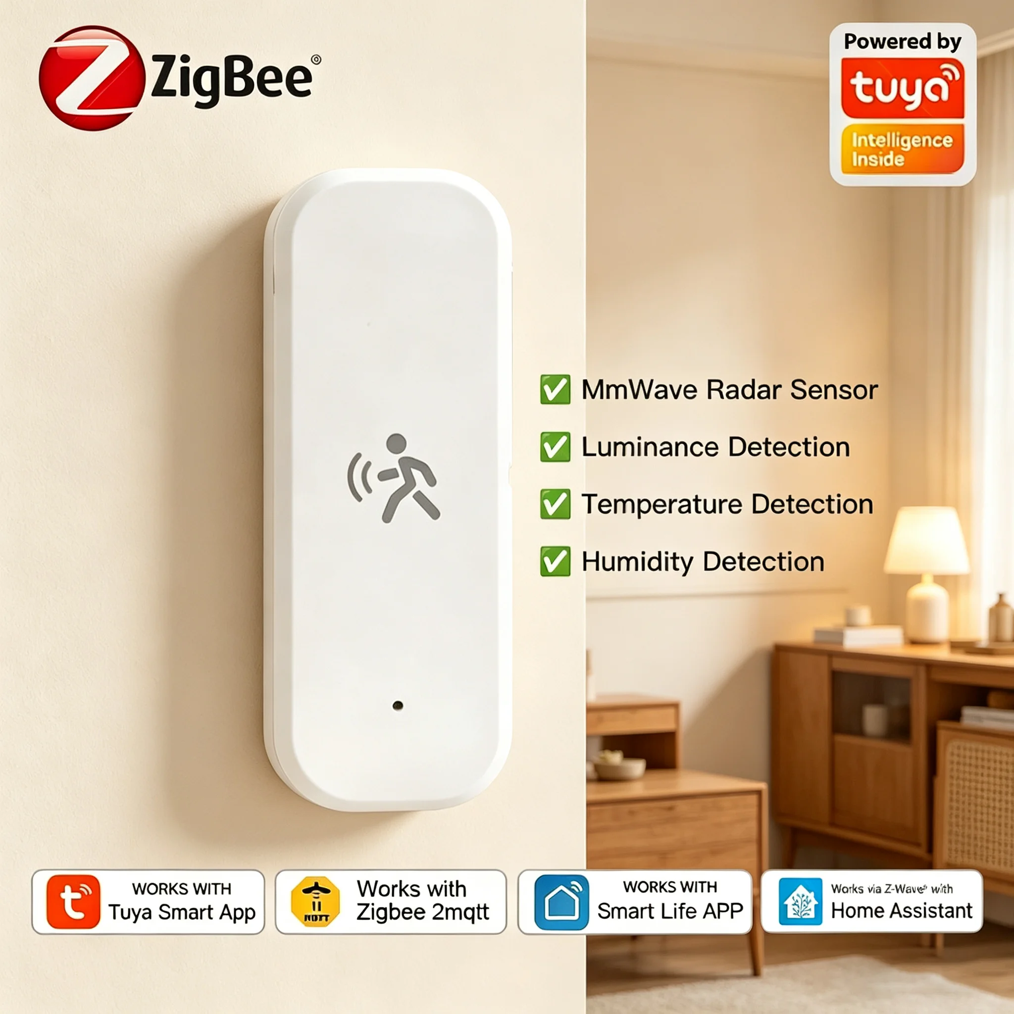 Zigbee 스마트 인간 모션 센서 4 in 1 MmWave 레이더 감지기 Tuya 온도 습도 휘도 센서 PIR 모션 대체