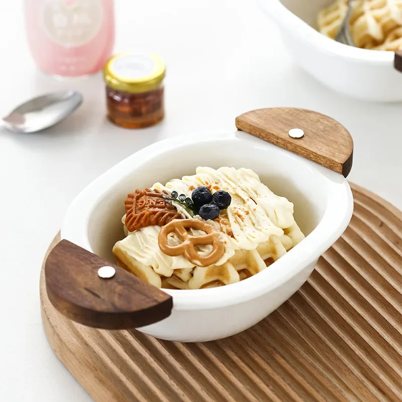 Acacia Wood Salad Bowl, Oval Ceramic Plate, Single-Serve Tableware, Fruit Bowl for Home, Exquisite Kitchen Tableware