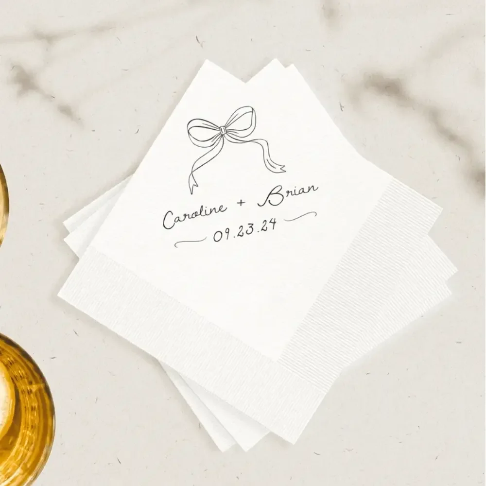 50 pcs Personalized Hand Drawn Bow Wedding Napkins,Elegant Bows Serviettes,Simple Cocktail,Luncheon Party Elegant Bar Napkin