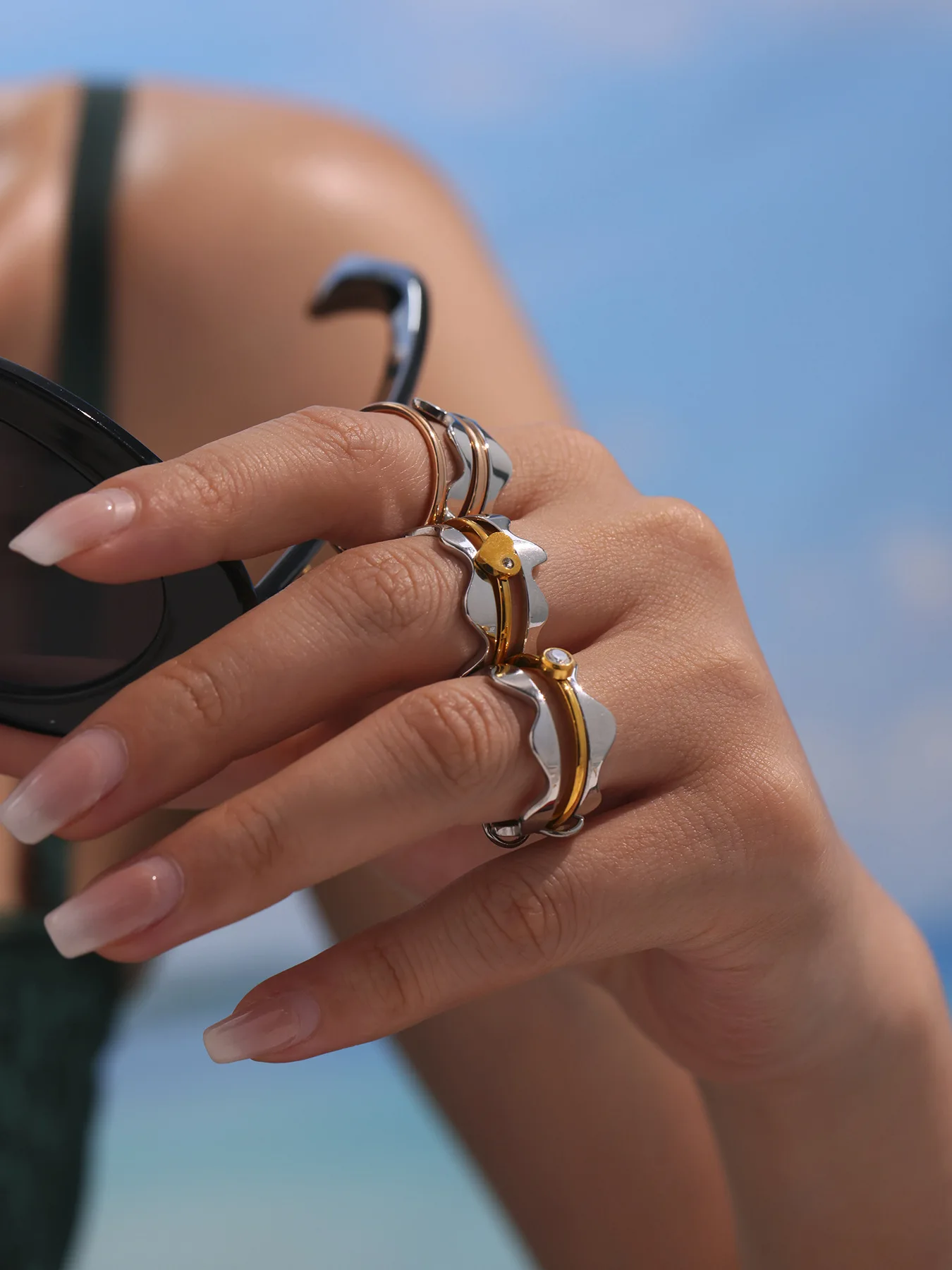 Mehrere Stile Zirkon 3-Schicht-Ring Damen 316 Edelstahl Goldfarben Silber Personalisierter Fingerring Mädchen Modeschmuck – Detail 3