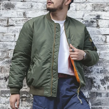 Maden Vintage MA1 Pilot Jacket Green Thickened Cotton-padded Jacket Casual Baseball Pockets Flight Zipper Outwear for Men's Fall 1