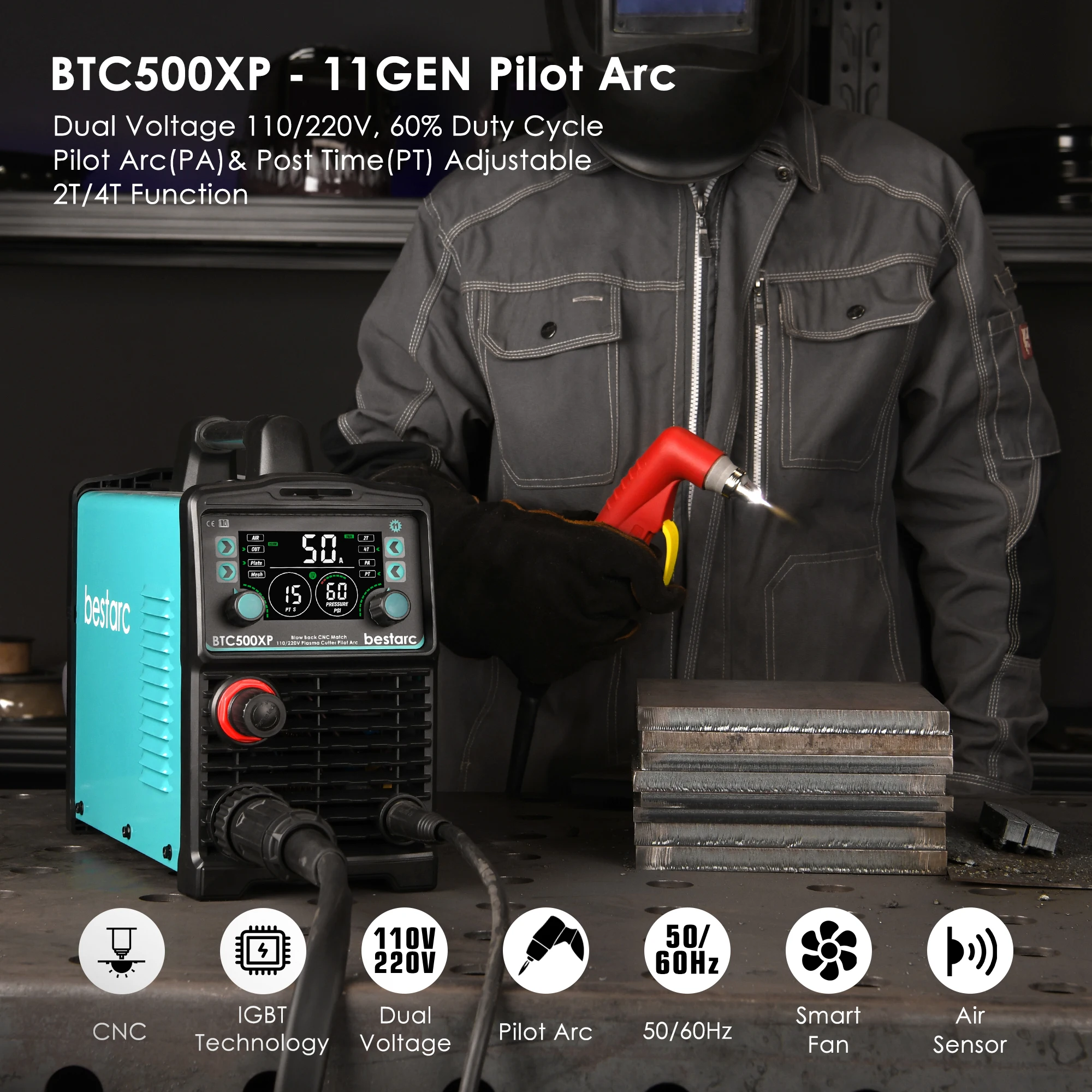CNC Plasma Cutter Non-HF Pilot Arc bestarc 50A BTC500XP 11GEN Blow Back Technology 16mm Clean Cutting with Digital Screen