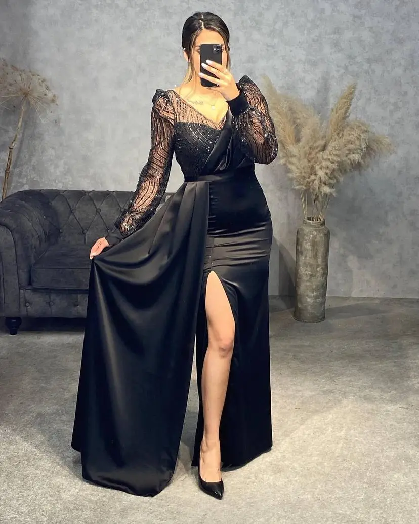 

Koendye Long Sleeves Vestidos De Gala Prom Dresses V Neck Mermaid Side Slit Evening Dress Zipper Back Formal Occasion Gowns 2024