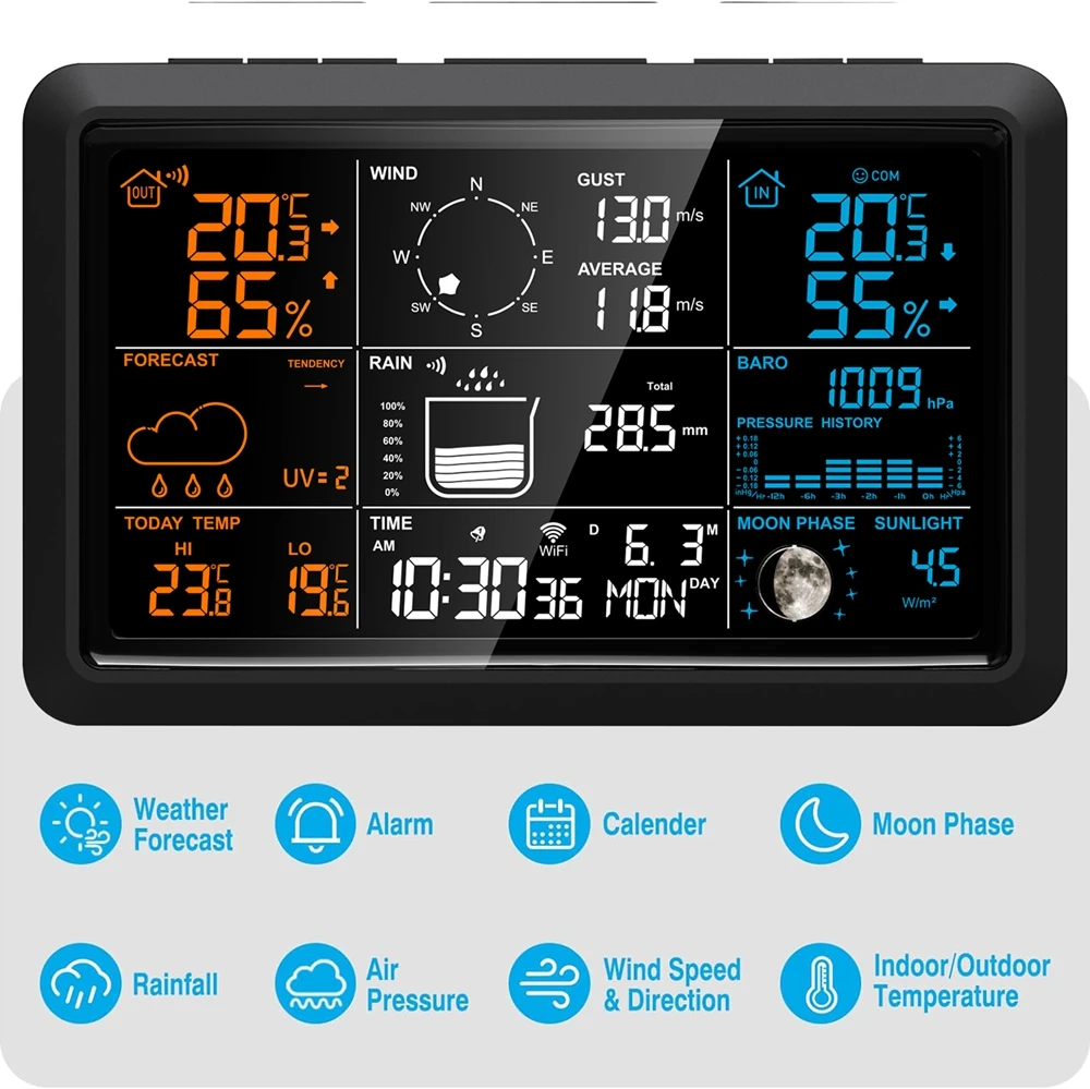 Tuya Wireless Weather Station Auto Alarm Clock Calendar Thermo-Hygro UV Sunlight Wind Rainfall Gauge Solar Panel Forecast Sensor