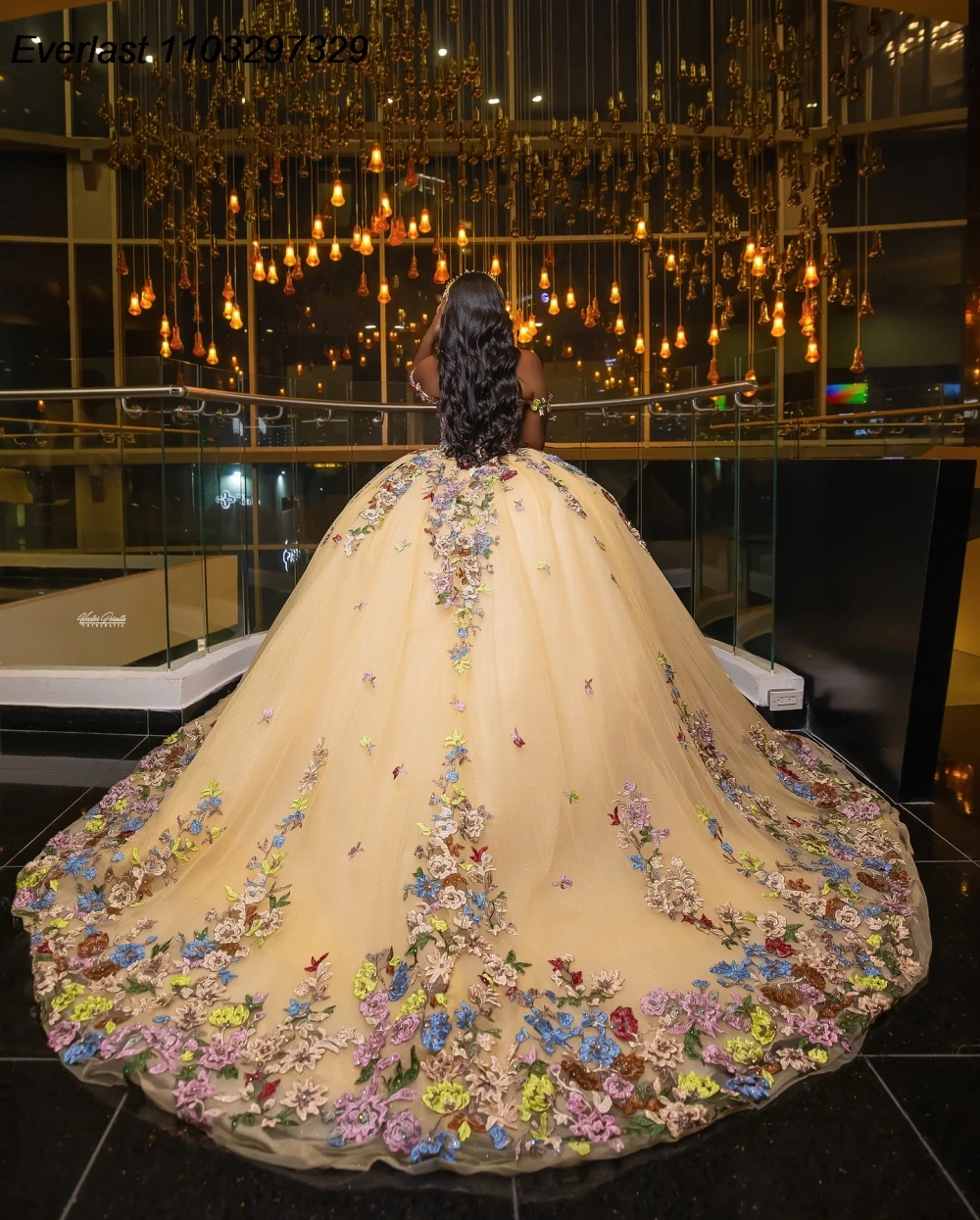 EVLAST Gold Floral Quinceanera Dress Ball Gown Colorful Applique Beading Corset Sweet 16 Vestido De 15 Anos QD1170
