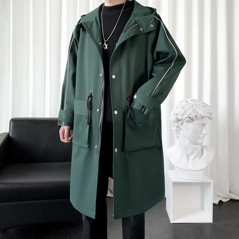 

Spring Autumn Striped Long Trench Coat Men Fashion Hooded Windbreaker Black/Green Overcoat High Street Casual Big Pocket Jackets