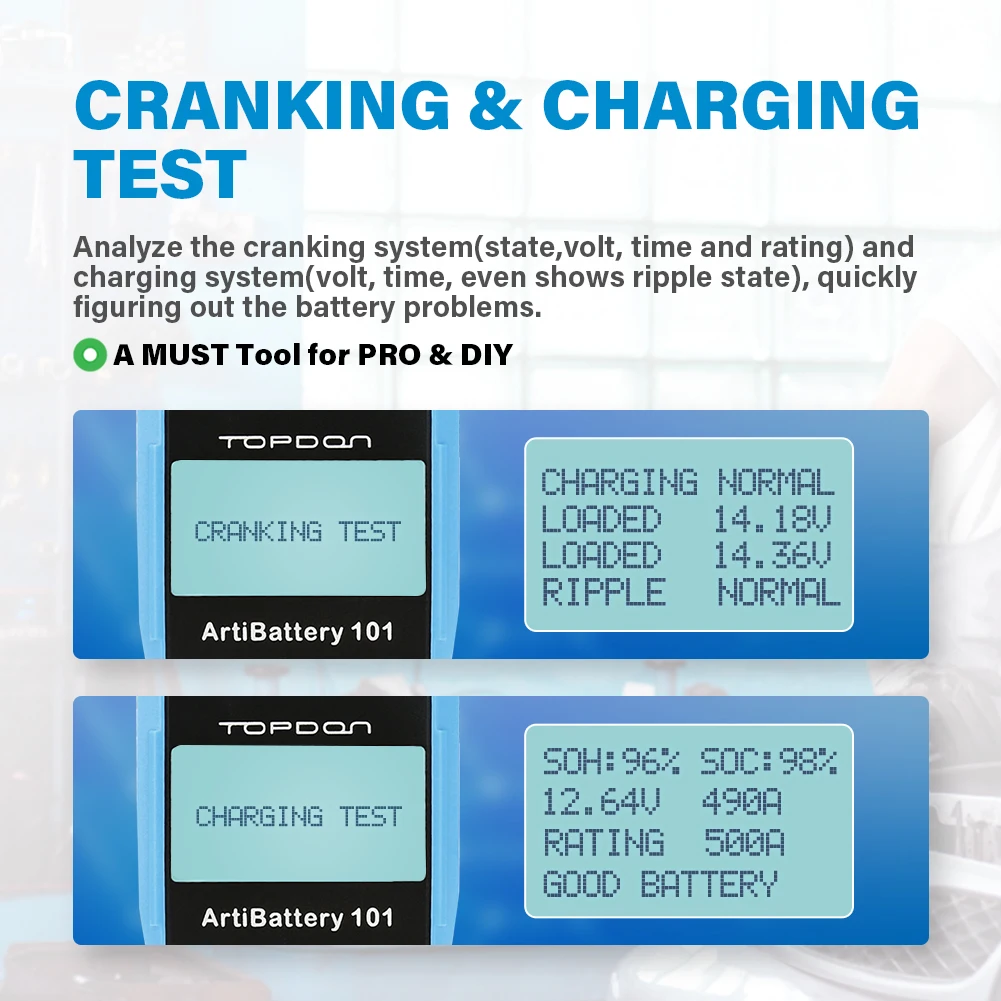 TOPDON AB101 Car Battery Tester 6V/12V Battery Test Auto Charger Analyzer 2000CCA Car Cranking Charging Circut Tester 5