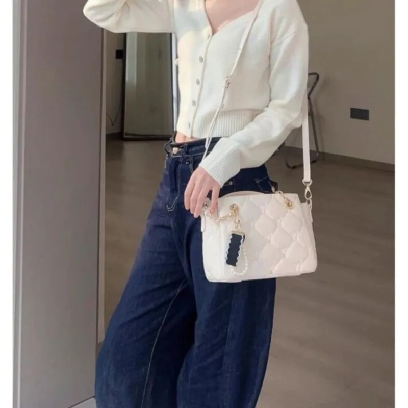 JIAERDI Diamond Pattern White Handbag Women Fashionable Handle Square Bag Crossbody Bags Ladies Sweet Cute Shoulder Bags Purse