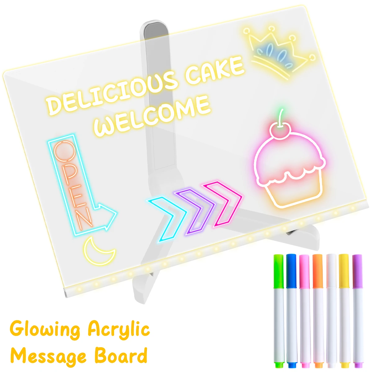 

Glowing Acrylic Message Board Transparent Desktop Note Memo Board with 7 Pens Acrylic Writing Night Light Decor Dry Erase Board