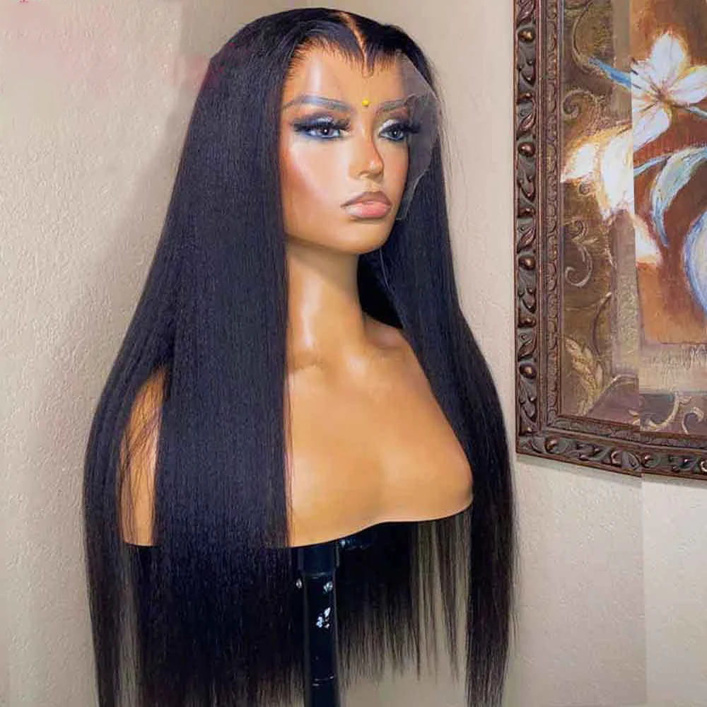 

180%Density Natural Black Long Soft 26Inch Yaki Kinky Straight Lace Front Wig for Women BabyHair Glueless Daily Heat Resistant