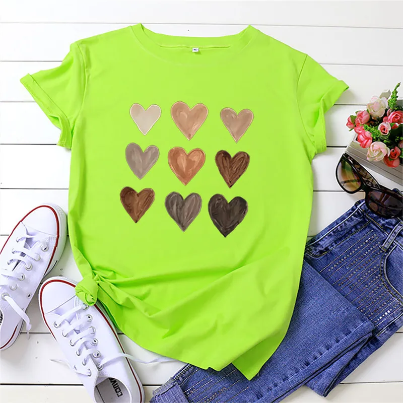 2022 Summer T Shirt 100%Cotton Women Shirt Fashion Heart Print T-Shirt O Neck Short Sleeve Tees Vintage Women Sexy Tops off white t shirt Tees