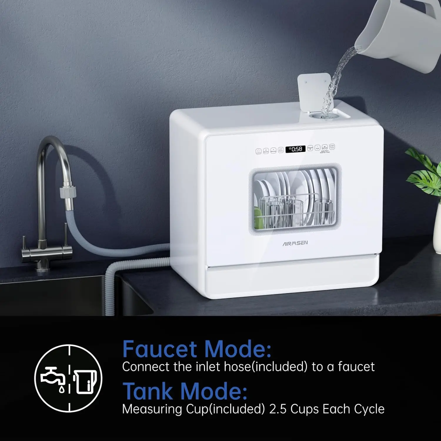 Portable Dishwasher with 5L Water Tank Countertop Dishwasher with 5 Place Settings 2-Level Rack 3-Spray Arms 167℉ High-Temp