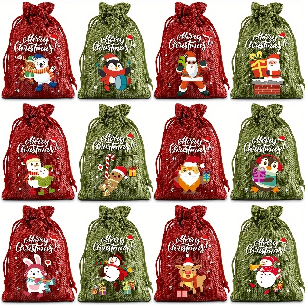 12pcs Christmas Linen Print Drawstring Cookie Candy Pouch for Xmas New Year Party Gifts Storage Bag Christmas Characte