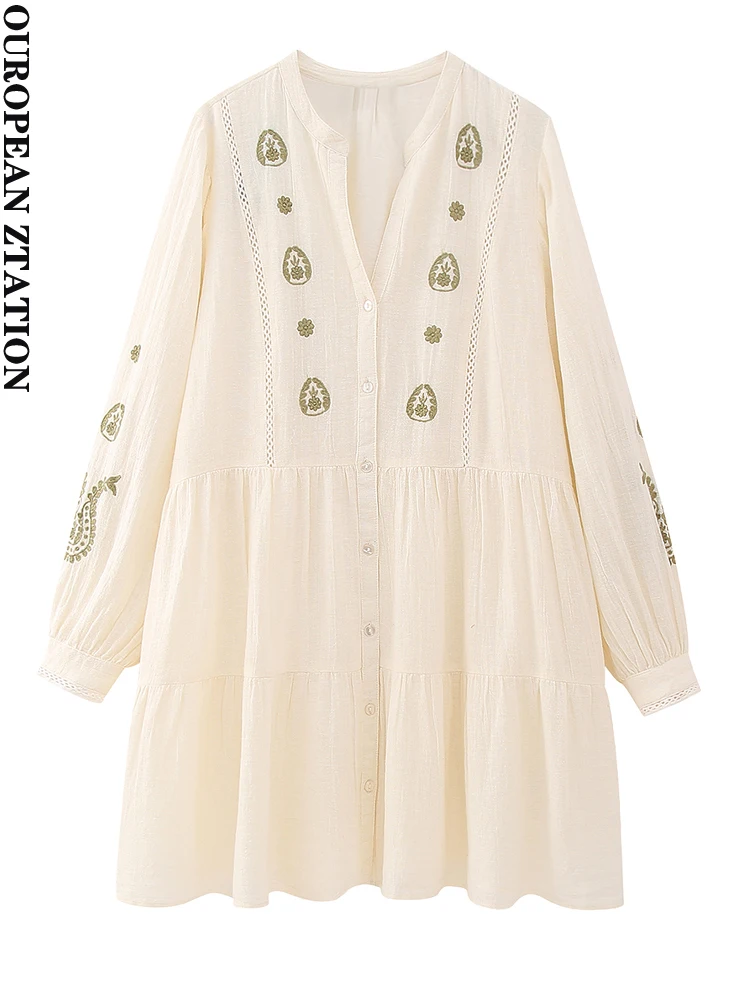 

PAILETE Women 2023 fashion front lace trims embroidered mini dress vintage v-neck long sleeve female dresses vestidos mujer