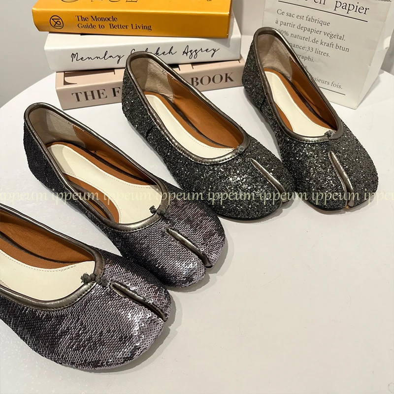 

IPPEUM Silver Split Toe Flats Bling Ballets Mary Janes Designers Shoes Plus Size 44