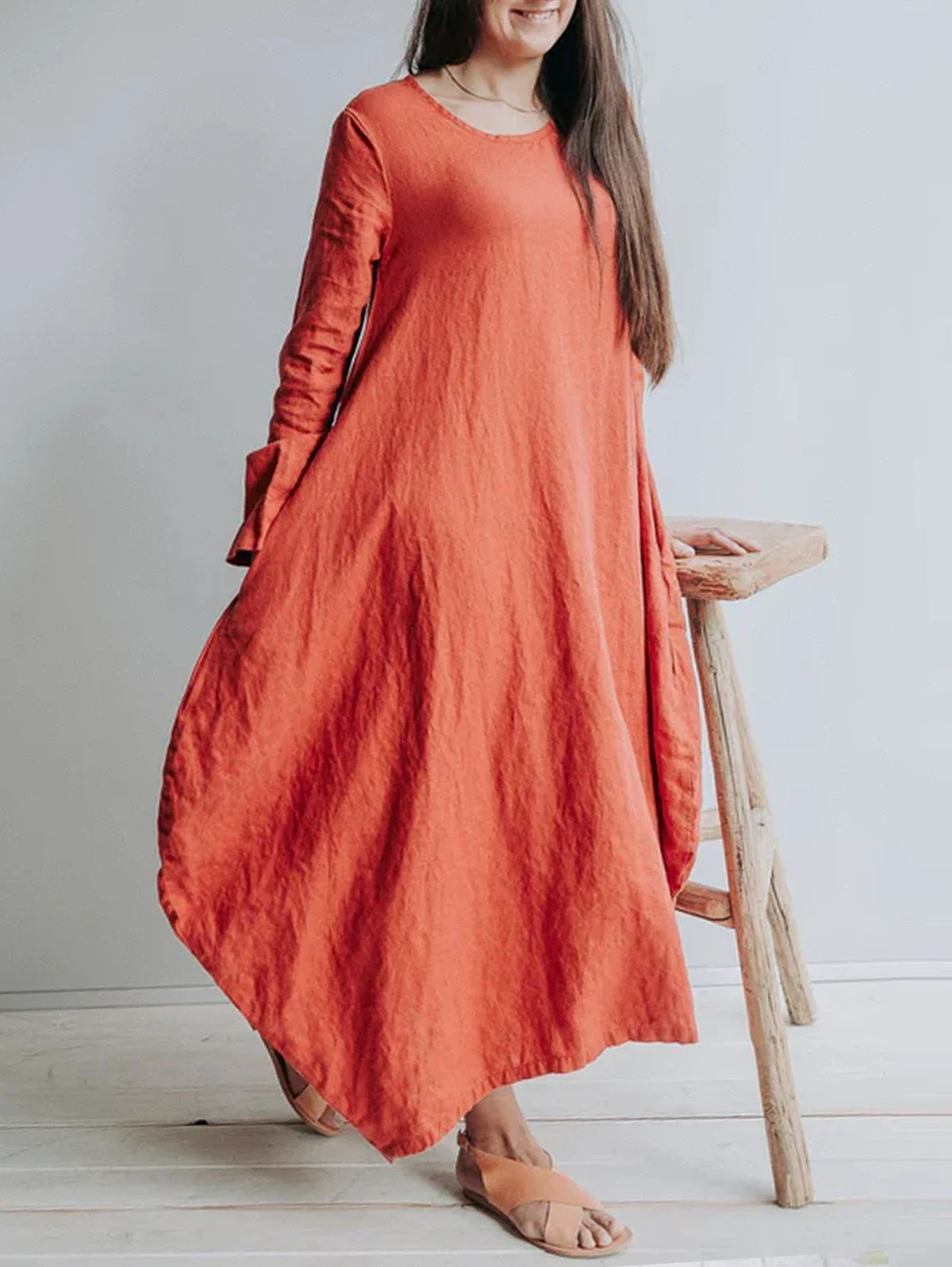 

Classic Solid Round Neck Linen Maxi Dress Long Sleeve Mori Girl Style Retro Streetwear Loose Autumn Plus Size Basic Dress 2023