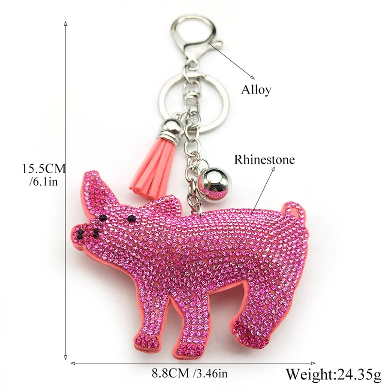 Pink Pig Crystal Keychain for Women/Men Silver Color Keyring
