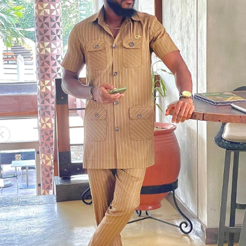 2024 Summer Short Sleeve Tops Pockets Pants Single Breasted Tuxedo 2PCS Men's SetsAfrican Ethnic Casual Kaunda Suit Wedding Wear 3