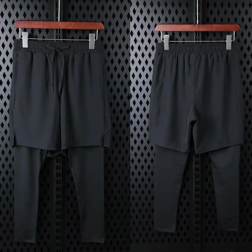 Men's Running Pants 2 In 1 Cropped Pants Compression Running Trousers Quick Dry Fitness Gym Leggings Training Bottoms 2
