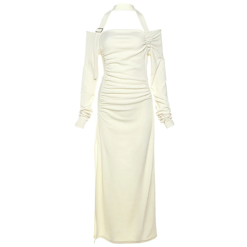 y2k Wasteland Dress Women Grunge Solid Color Long Sleeve High Split Halter Bodycon Dresses 2000s Party Dresses Clubwear