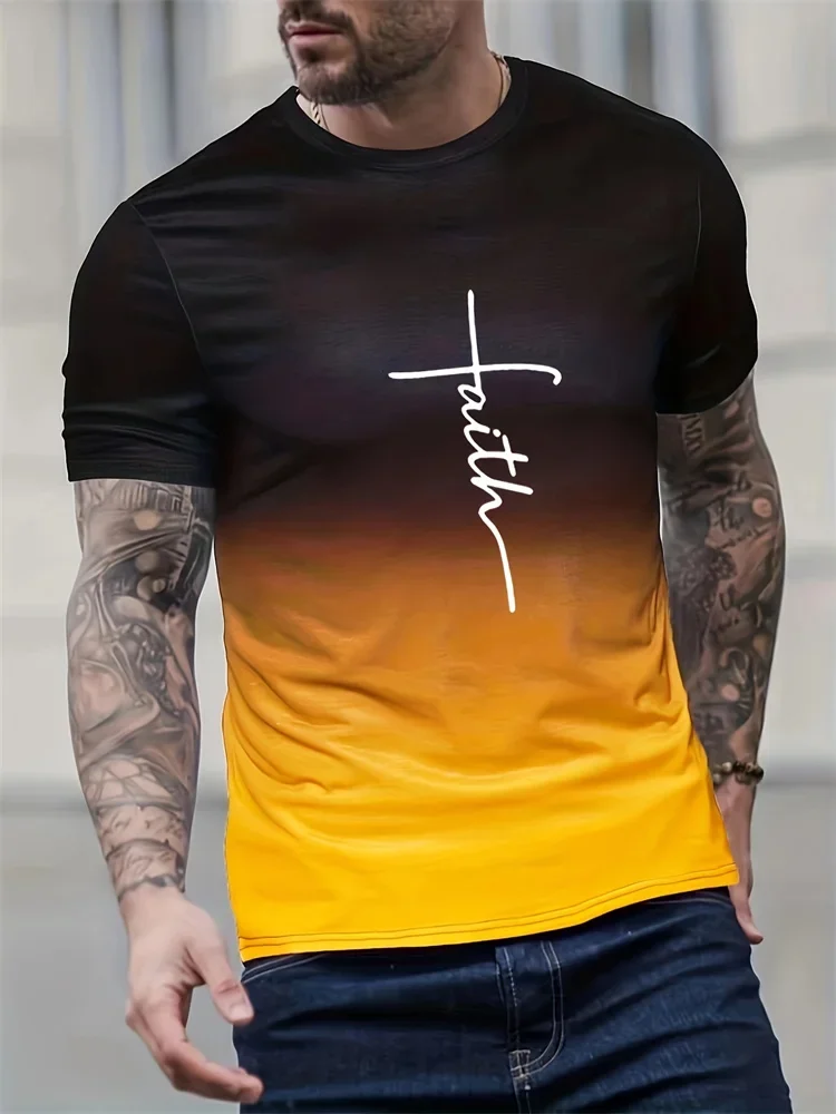 

2024 New Men's Casual T Shirt Splicing Color Novelty Faith 3D Cross Symbol Printing Retro Summer Daily Top Outdoor Travel Party