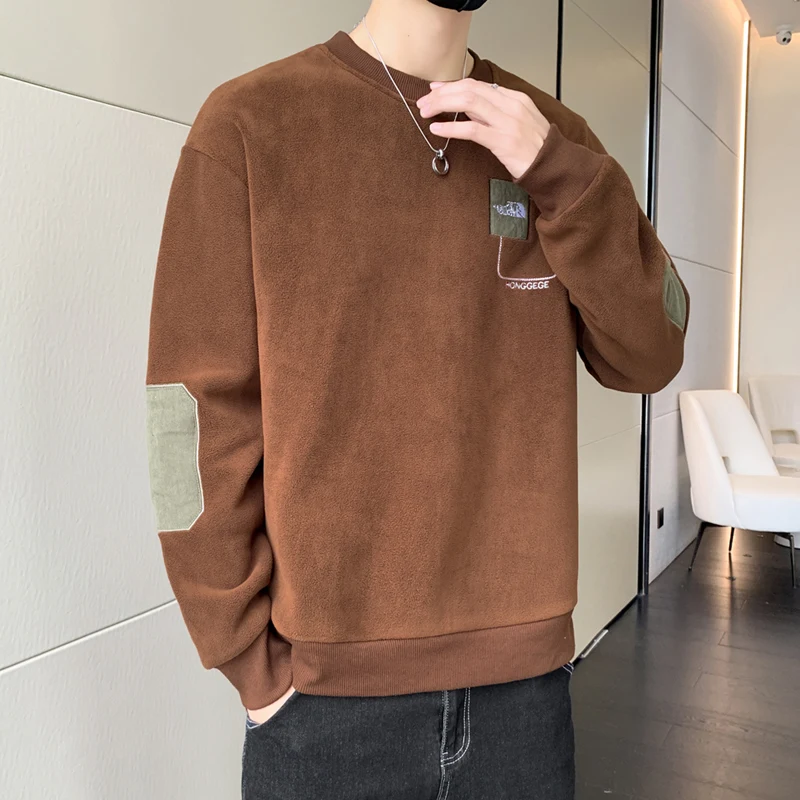 Autumn and Winter New Men's Pullover Round Neck Panel Letter Plush Thickened Fashion Casual Loose Versatile Long Sleeved Sweater