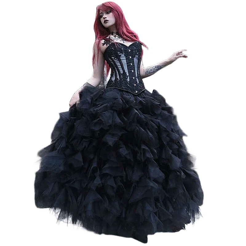 Vintage Black Gothic Wedding Dress Ruffle Tiered Tulle Ball Gown Bridal Wear Lace Appliques Sweetheart Corset Lace-Up Back