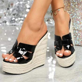 14 Cm Super High Heel Wedge Slippers Women Fashion Woven Slide Sandal Comfort Non-slip Open Toe Platform Sandal Zapatos De Mujer