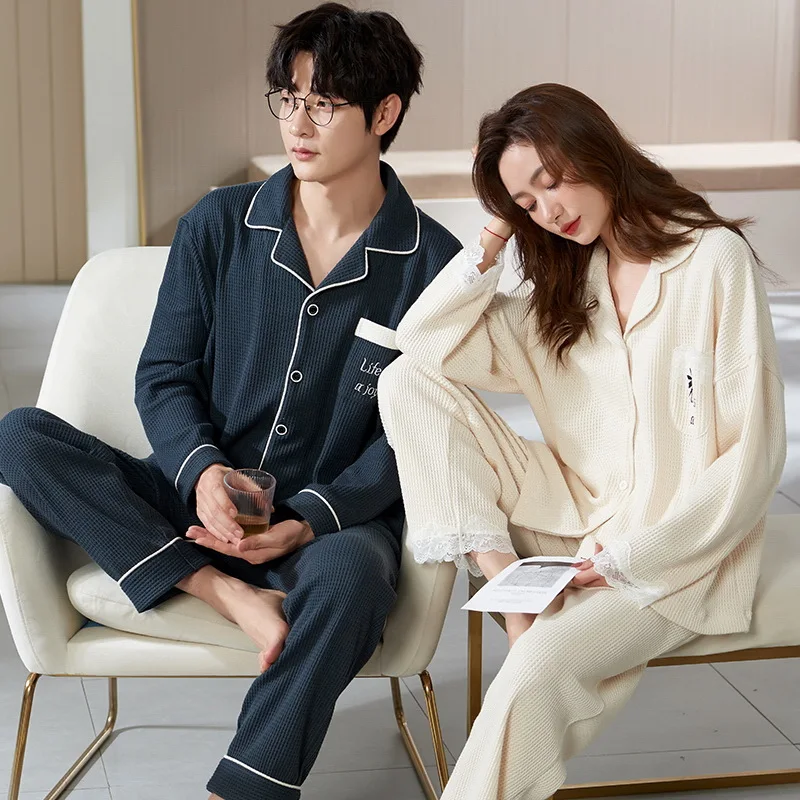 Autumn Winter Men's Waffle Pajama Set Long Sleeve Trousers Plus Size 3XL Loose-fit Casual Couple Home Clothes Women Loungewear pajama sets