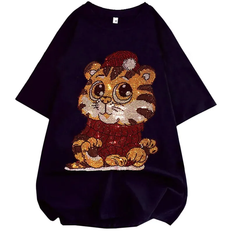 

Summer High Quality Cotton New Women's T-shirt Fashion Hot Drill Harajuku Animal Cartoon Tiger Head Top Loose Round Neck Tees