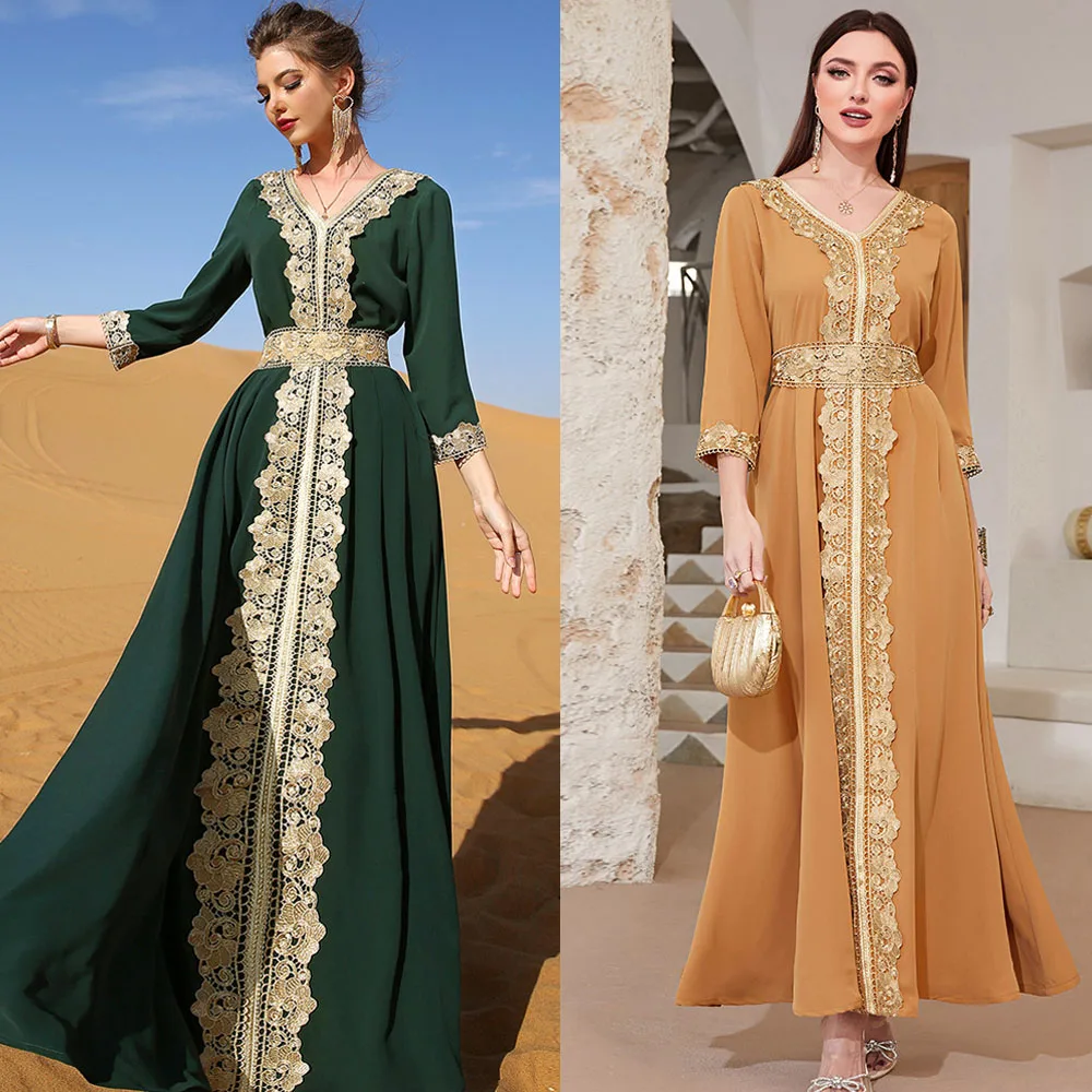 

Ramadan Eid Muslim Women Long Dress Islamic Arab Abaya Middle East Dubai Caftan Turkey Ethnic Lace Embroidery Maxi Robe Fashion