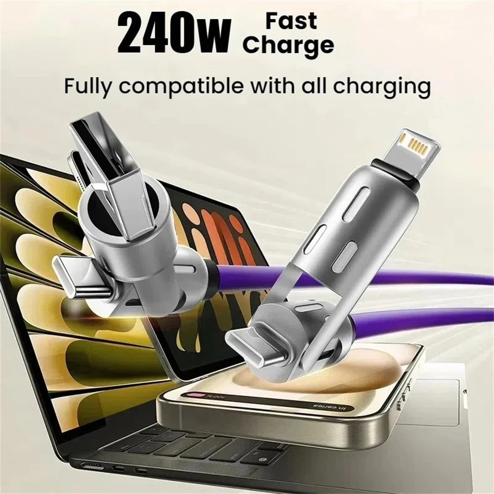 240W 4 in 1 USB C Fast Charging Cable USB To Lightning Data Cable Dual Type C Fast Charger Cable For iPhone 16 15 Samsung Xiaomi