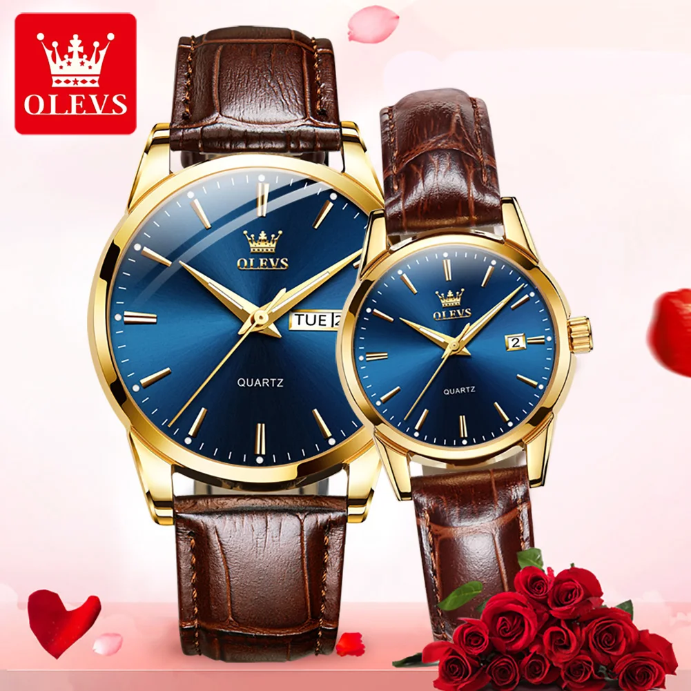 OLEVS 6898 Fashion Waterproof Couple Wristwatches, PU Strap High Quality Exquisite Quartz Watches For Couple Luminous Calendar olevs quartz couple watches for men and women luxury golden stainless steel dual calendar dial waterproof luminous wristwatches