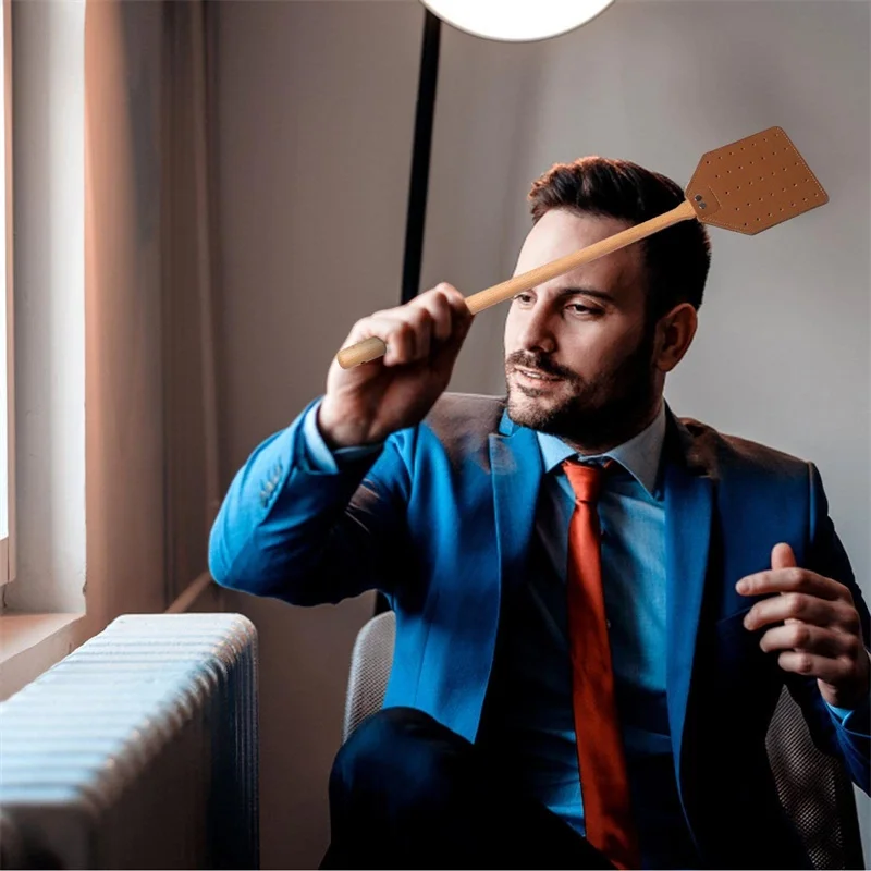 PU Leather Fly Swatter Long Handle Beechwood Manual Fly Exterminator Outdoor Portable Mosquito Repellent Swatters