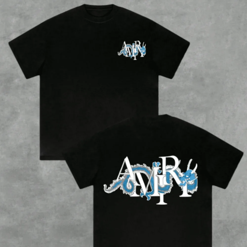 T-shirt men's and women's 220g heavy pure cotton double-sided digital printing dragon pattern casual and daily wear