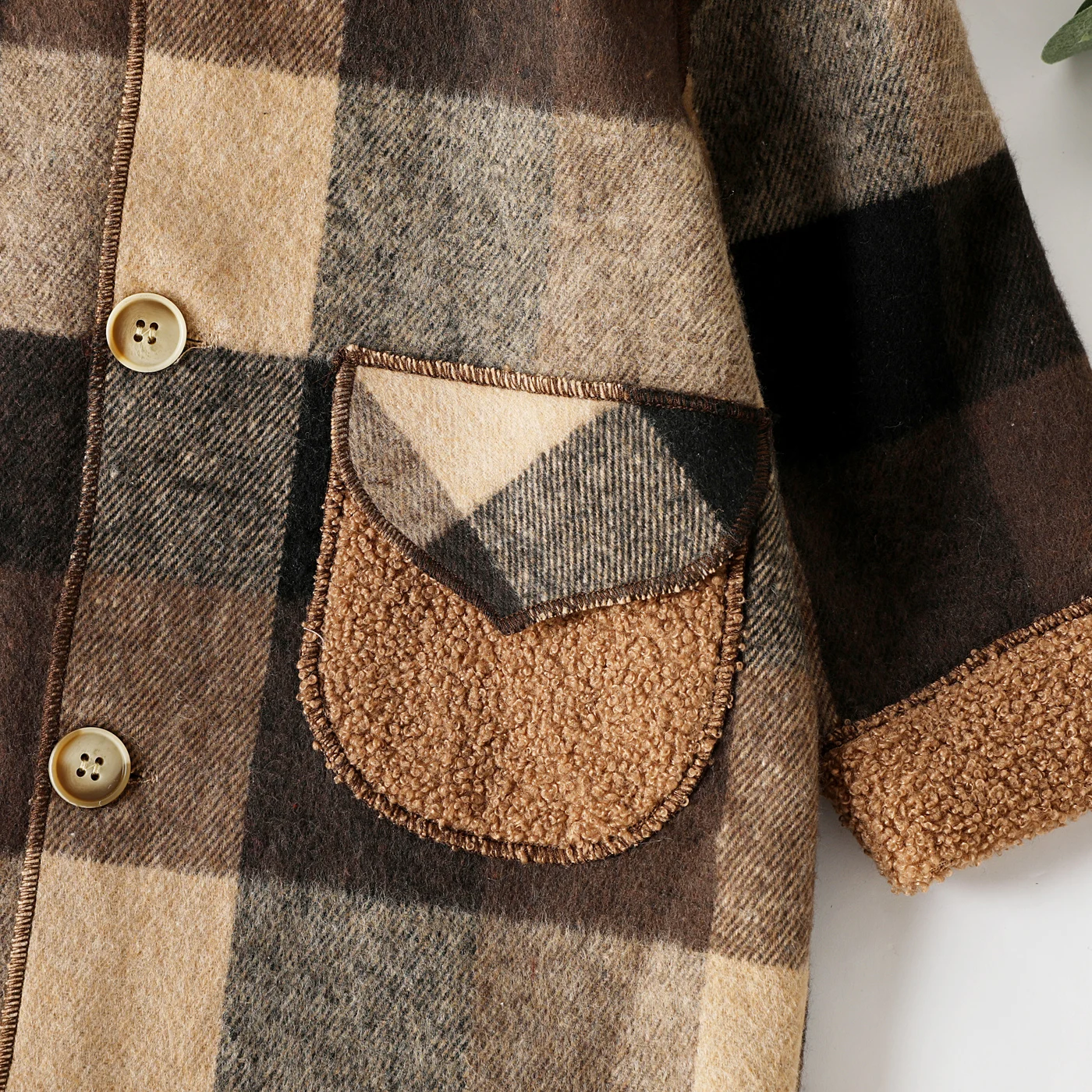 PatPat Toddler Boy Classic Plaid Fleece Lined Button Design Hooded Overcoat