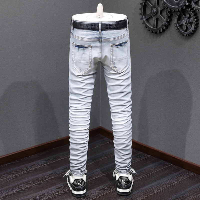 Street Fashion Men Jeans Retro Light Blue Stretch Elastic Skinny Fit Ripped Jeans Men Hole Patched Designer Hip Hop Brand Pants