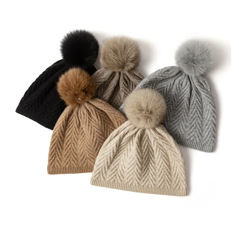 

Cashmere Hat Ladies Fall And Winter New High-end Knitted Outdoor Warm Jacquard Hairball Ear Cap Beanie Hat