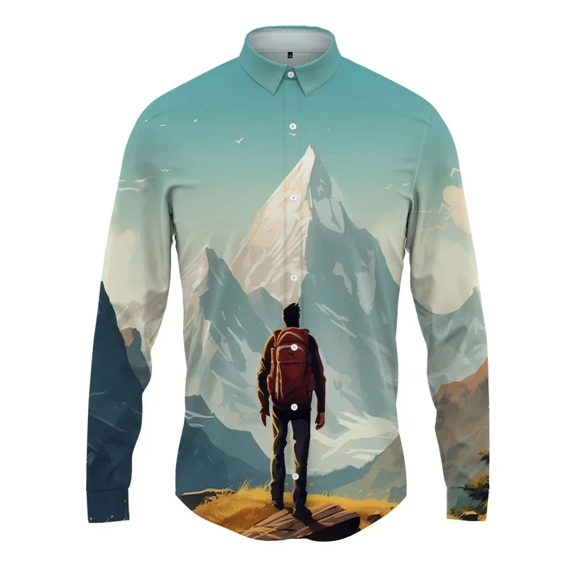 thumbnail image 1 of Camisa con solapa con estampado 3D de paisaje para hombre y mujer, camisas casuales de moda de manga larga, ropa de calle con botones, ropa unisex de gran tamaño, 1 of 5