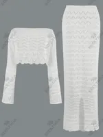 2025 Women Summer Sexy Knit One-neck Long Sleeve Short Top Drawstring Half Skirt Beach Two-piece Swimsuit Cover Up Chic Set K172 - Image 5