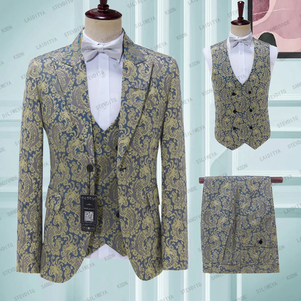

2023 Fashion New Men's Casual Boutique Business Wedding Host Flower Color Suits 3 Pcs Set Dress Blazers Jacket Pants Vest Coat