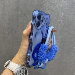 Luxury 3D Wavy Wrinkle Curly Edge Case with Air Plating and Lanyard for iPhone 15 (Sky blue GS)