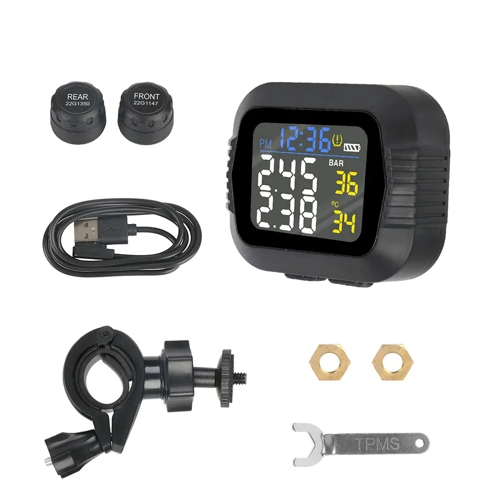 Motorcycle TPMS Tire Pressure Monitoring System Temperature Alarm With 2 External Sensors Moto Tyre Alarm Systems Real Time motorcycle tire pressure monitor
