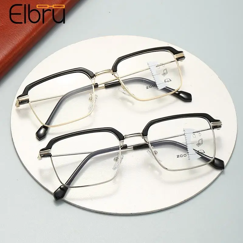 

Elbru Metal Progressive Multifocal Reading Glasses Women Men Sqaure Multi-focus Anti Blue Light Presbyopia Eyewear Diopters+1+4