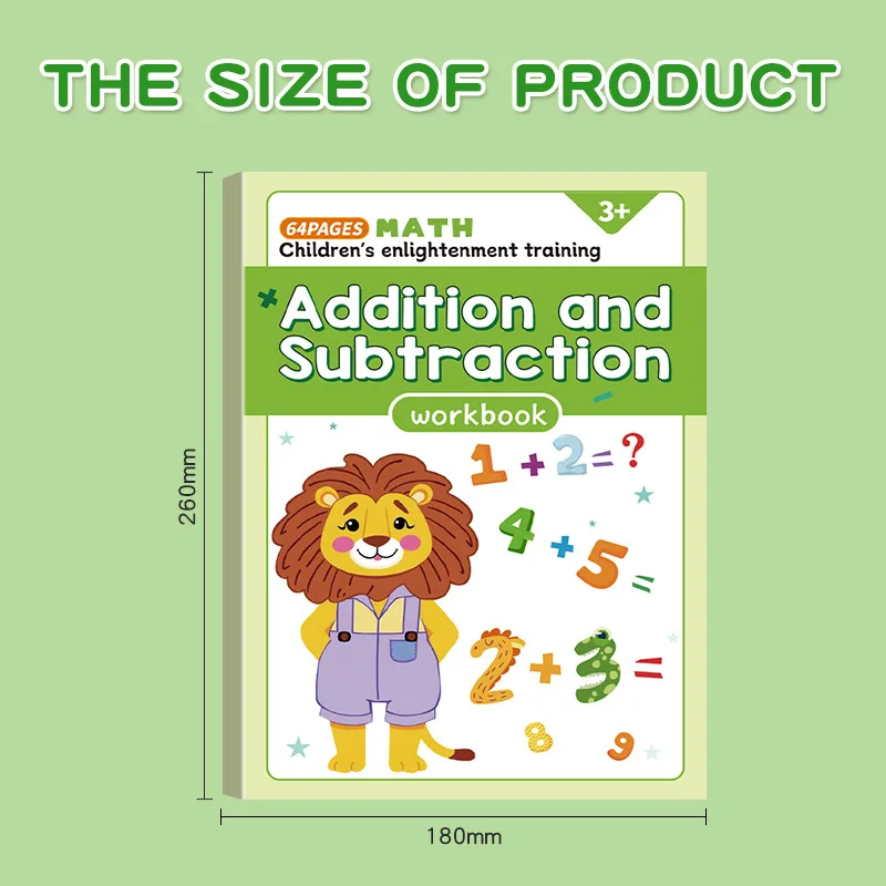 ספר תרגול למתמטיקה עם 64 עמודים להוספת וחיסור לילדים בגילאי 3-8 עם מספרים צבעוניים ומעקב ופירוק