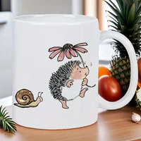 Ceramic Mug with Hedgehog Sniffing Flower & Snail Accent - Cute Garden Animals Coffee Cup, Brown Hedgehog & Pink Floral Design - 4