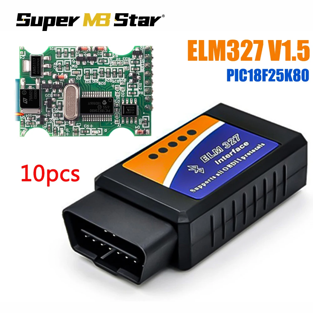 

10pcs ELM327 V1.5 OBD2 Scanner With PIC18F25K80 Chip ELM 327 Bluetooth OBDII Car Diagnostic Tool For Android Code Reader